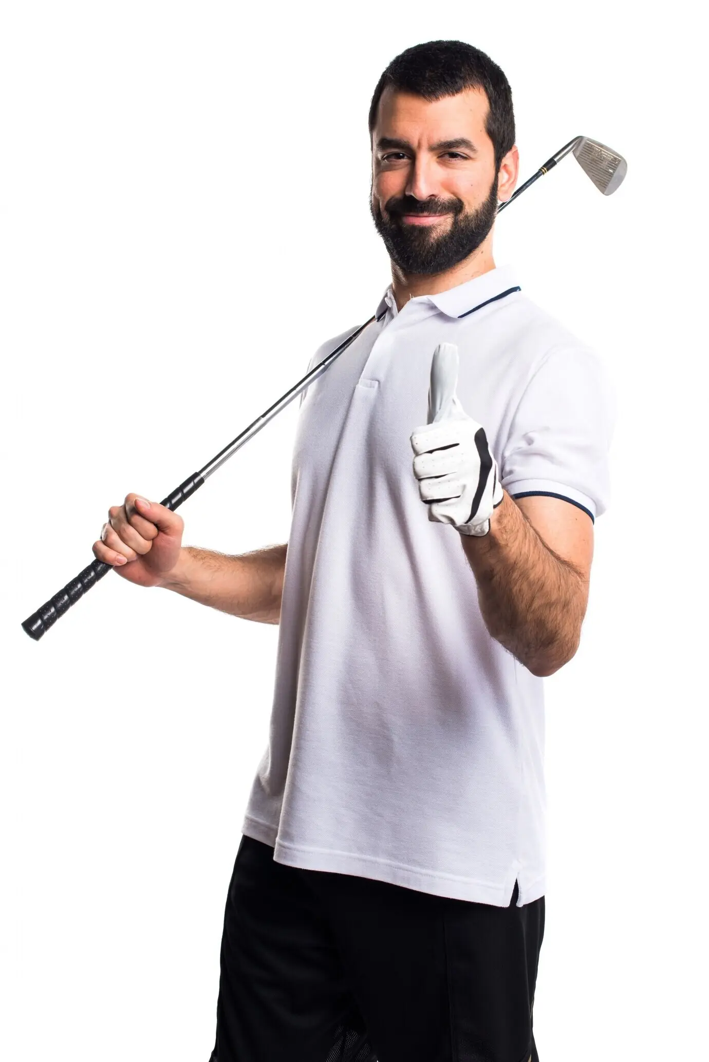A golfer making a good, positive gesture with an iron.