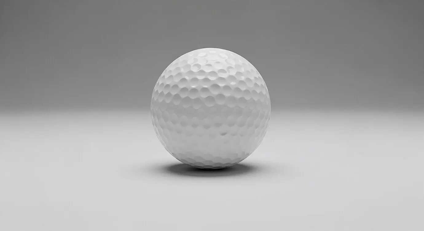 A golf ball atop a neutral surface.